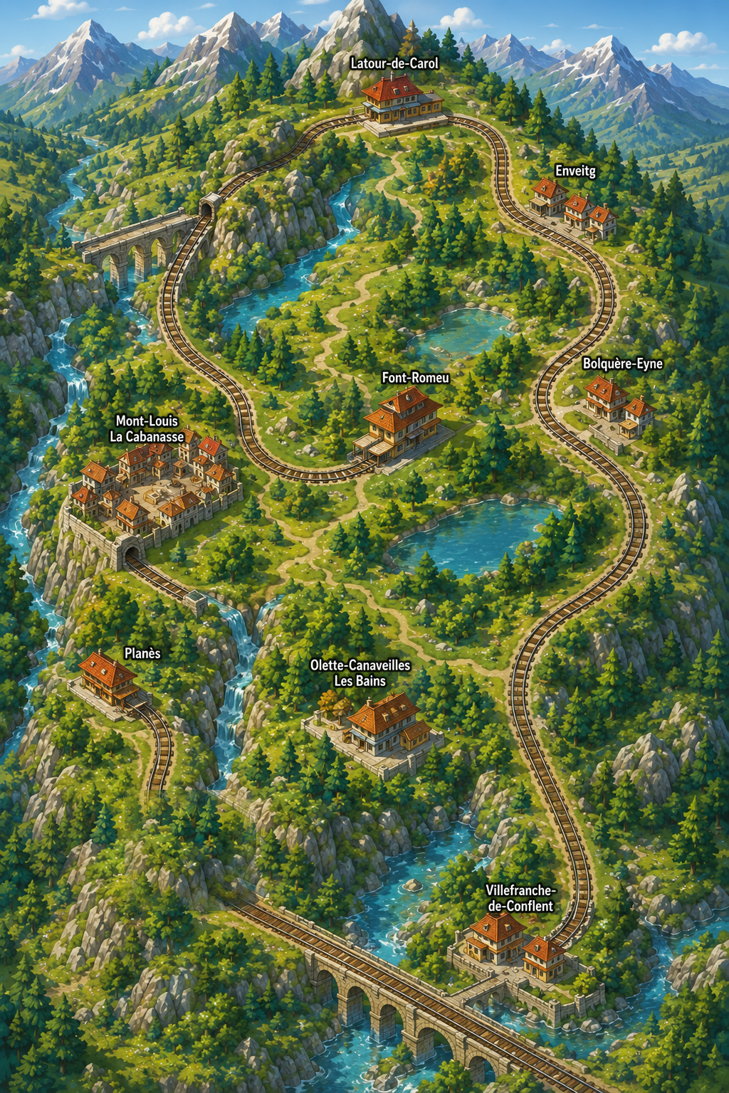 Carte illustrée des Pyrénées et des gares du Petit Train Jaune